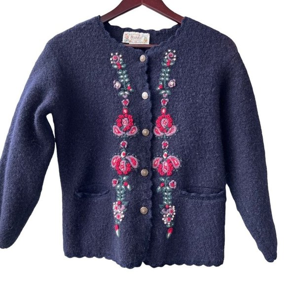 Vintage 90s wool flower embroidered cardigan - Picture 1 of 5